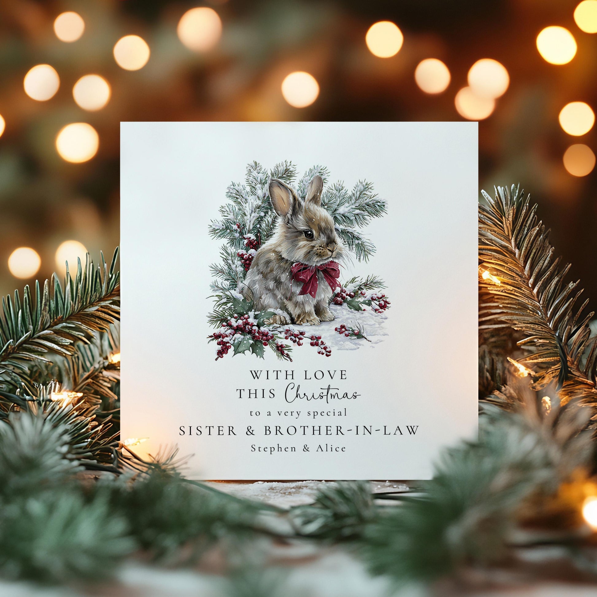 Christmas Card for Sister and Brother-in-Law, Personalised Bunny Christmas Card, Winter Rabbit Card, Family Xmas Card, In-Law Greeting