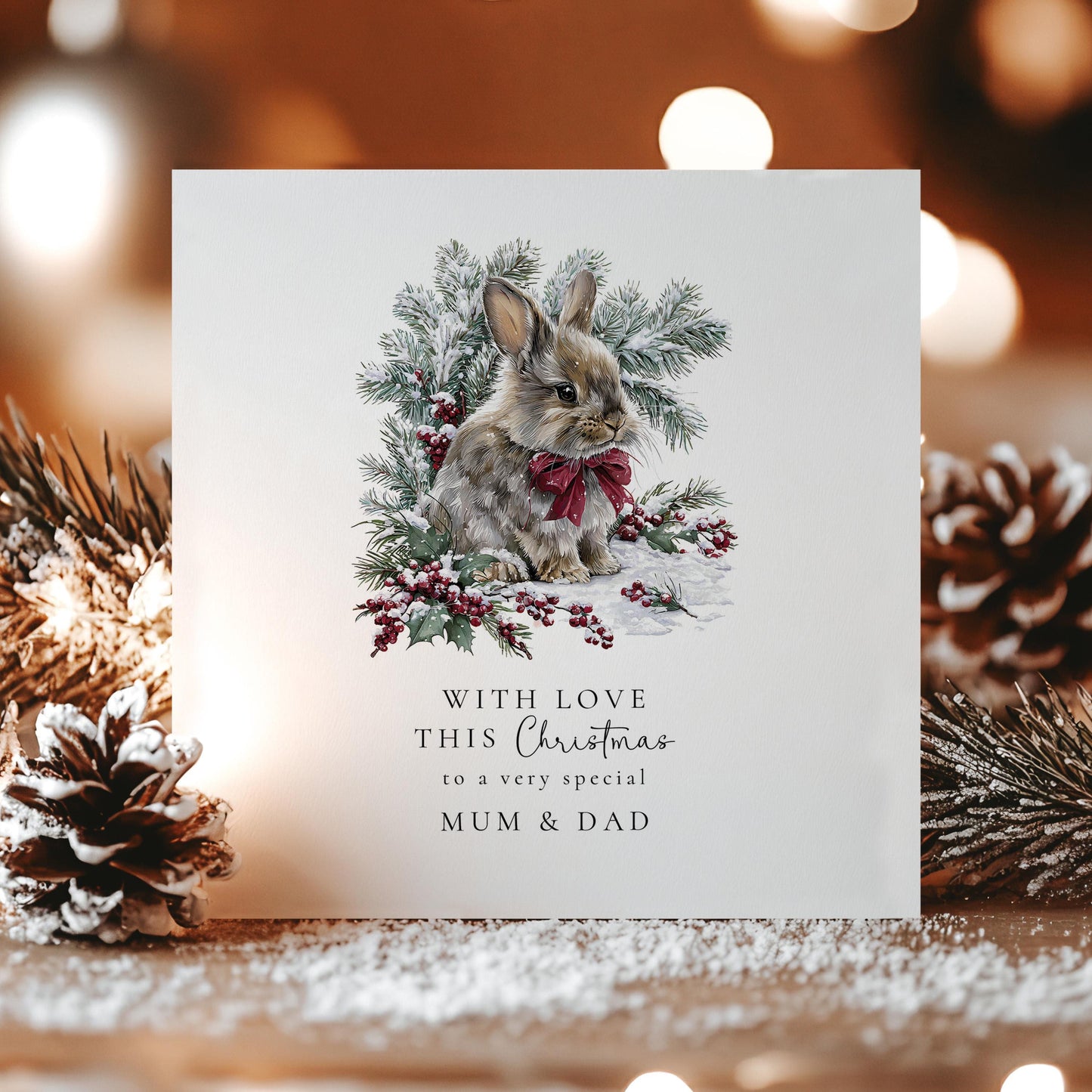Christmas Card for Mum and Dad, Cute Bunny Christmas Card, Winter Rabbit Card, Parents Xmas Card, Special Mum Dad Christmas Greeting