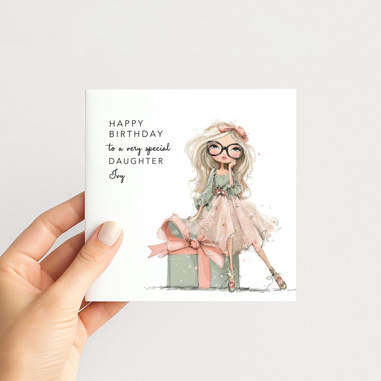 Daughter Birthday Card, Personalised Birthday Card for Daughter, Cute Girl with Glasses Design, Custom Name Birthday Greeting