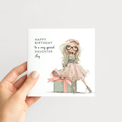 Daughter Birthday Card, Personalised Birthday Card for Daughter, Cute Girl with Glasses Design, Custom Name Birthday Greeting