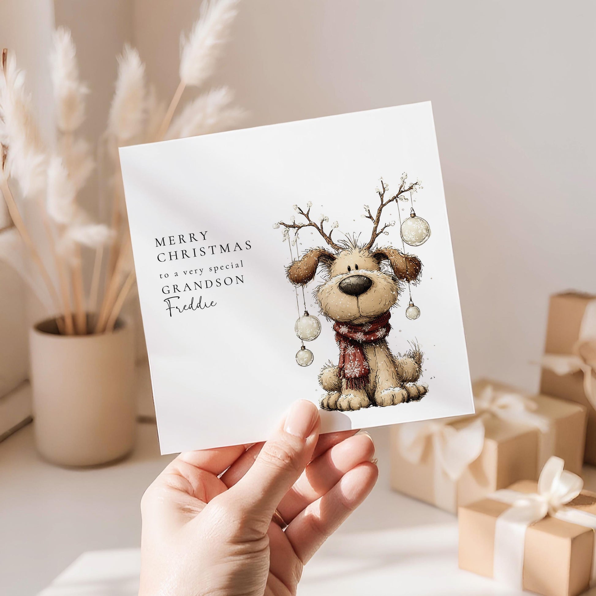 Personalised Grandson Christmas Card, Cute Dog Reindeer Card, Custom Name Xmas Card for Grandson, Kids Christmas Card