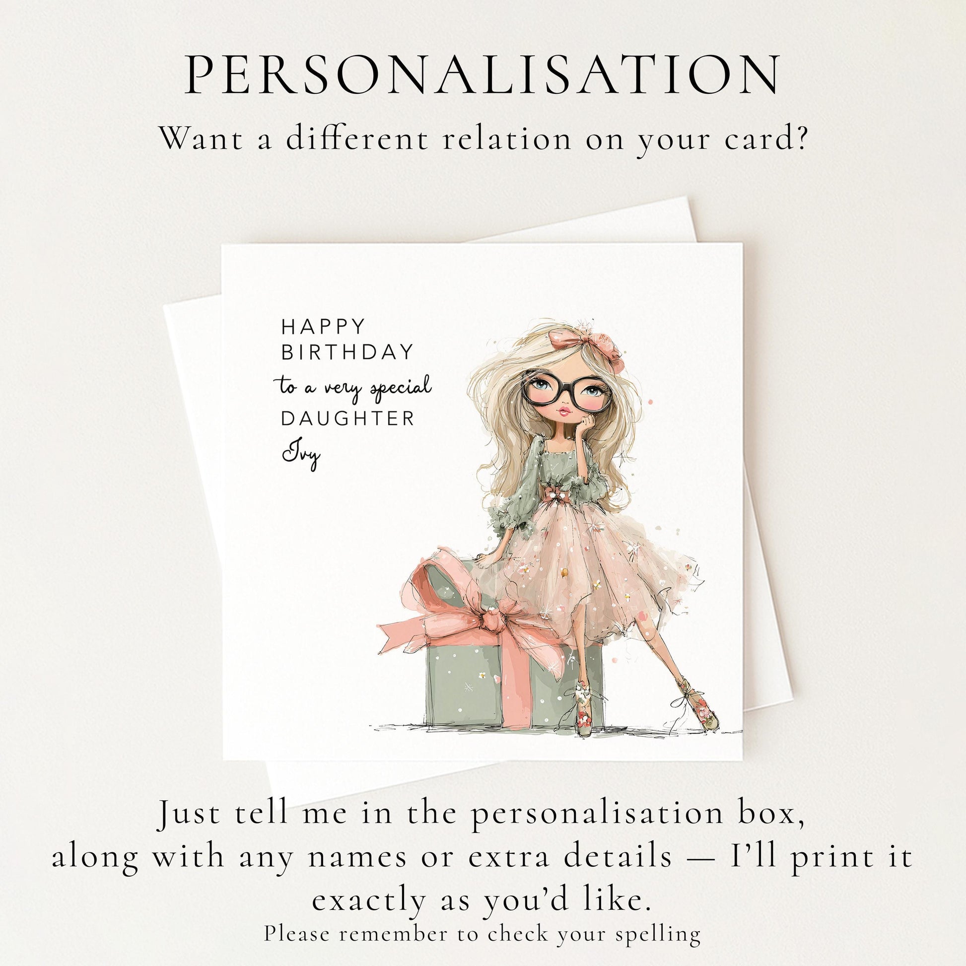 Daughter Birthday Card, Personalised Birthday Card for Daughter, Cute Girl with Glasses Design, Custom Name Birthday Greeting
