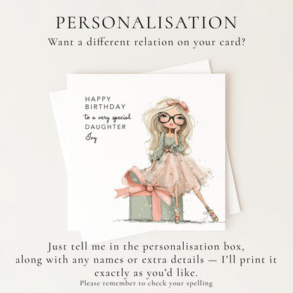 Daughter Birthday Card, Personalised Birthday Card for Daughter, Cute Girl with Glasses Design, Custom Name Birthday Greeting