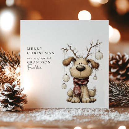 Personalised Grandson Christmas Card, Cute Dog Reindeer Card, Custom Name Xmas Card for Grandson, Kids Christmas Card