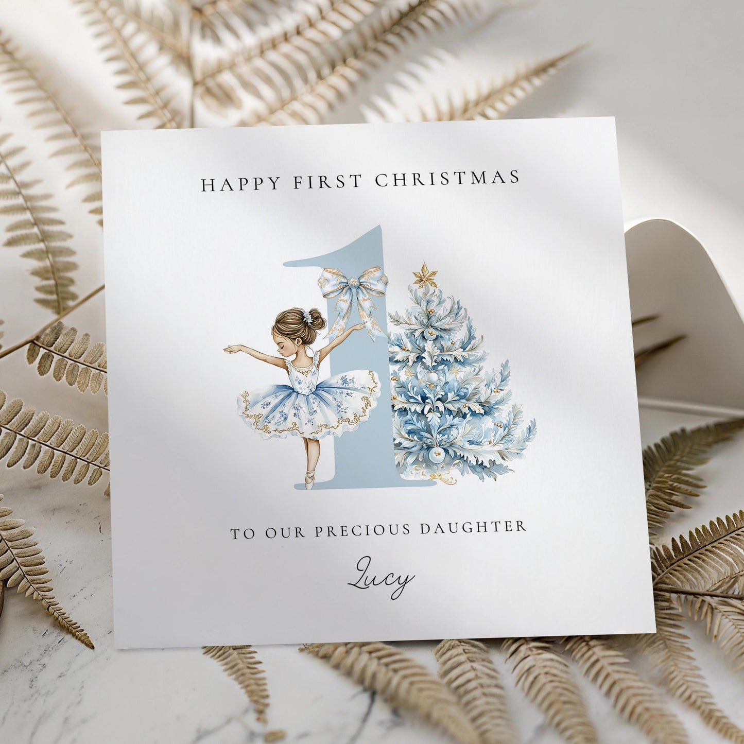 First Christmas Card for Daughter, Baby Girl 1st Christmas Card Brunette Ballerina Christmas Card Personalised Printed Card Age One Keepsake