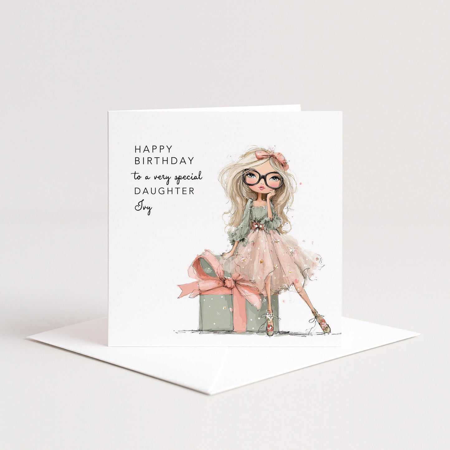 Daughter Birthday Card, Personalised Birthday Card for Daughter, Cute Girl with Glasses Design, Custom Name Birthday Greeting
