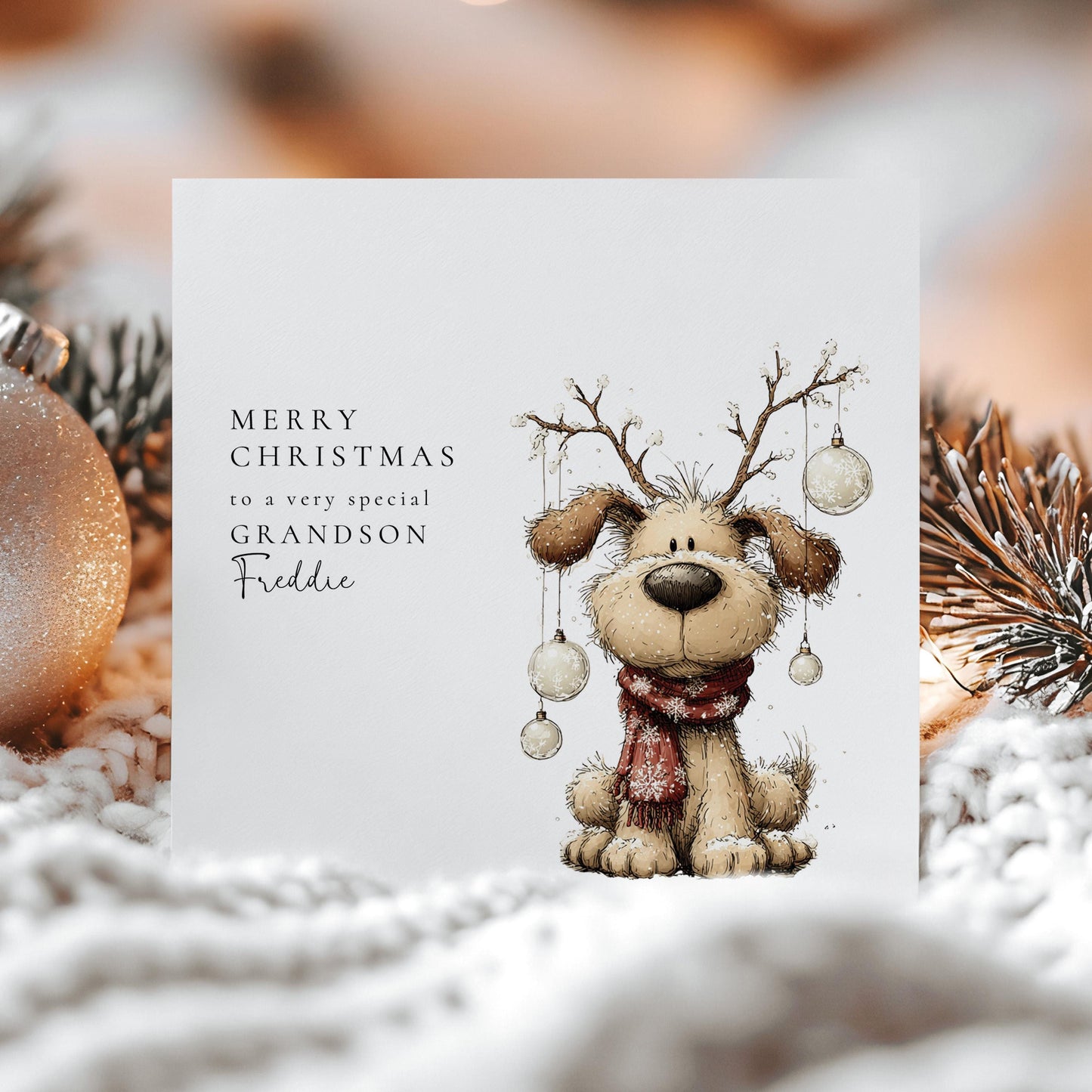 Personalised Grandson Christmas Card, Cute Dog Reindeer Card, Custom Name Xmas Card for Grandson, Kids Christmas Card