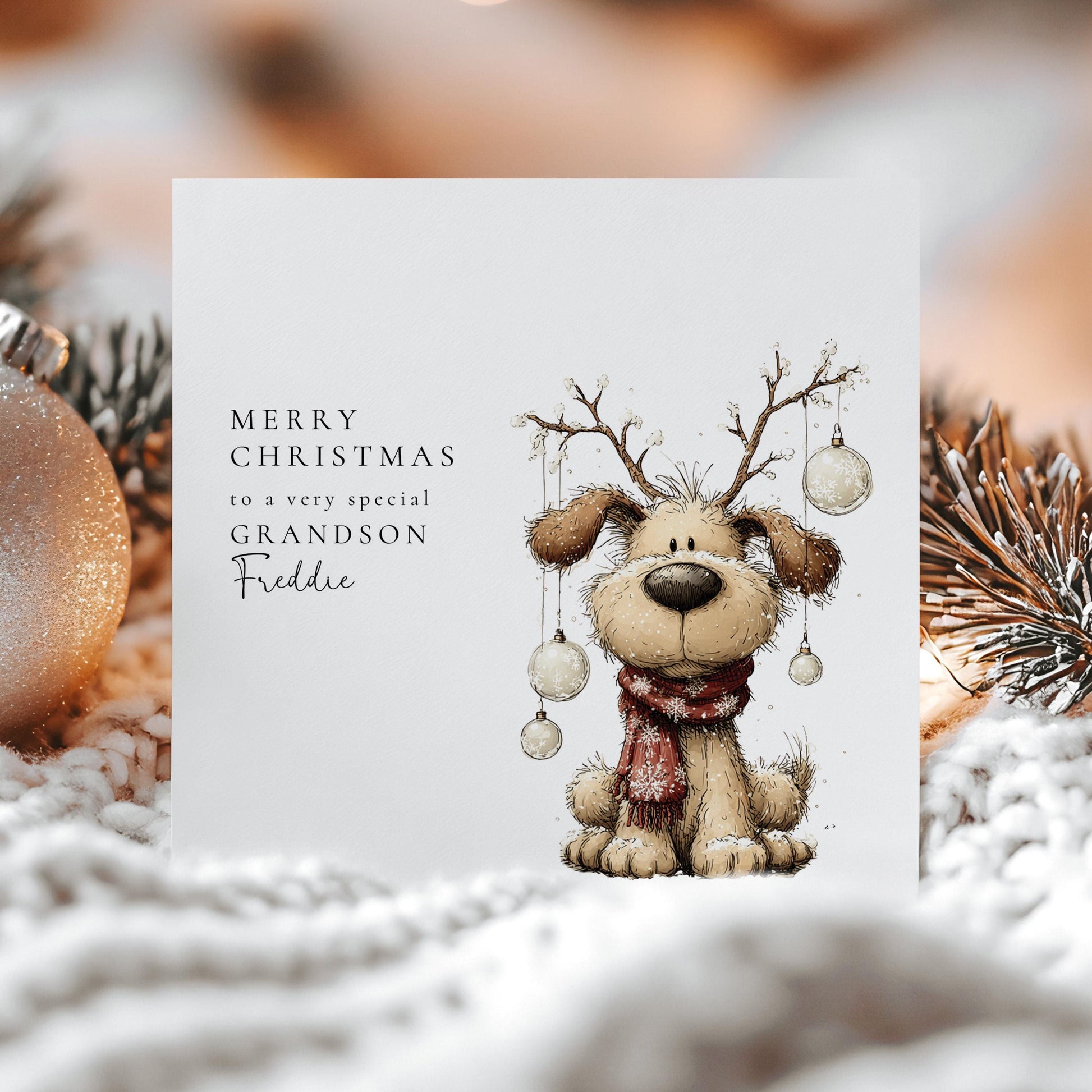 Personalised Grandson Christmas Card, Cute Dog Reindeer Card, Custom Name Xmas Card for Grandson, Kids Christmas Card
