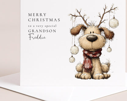 Personalised Grandson Christmas Card, Cute Dog Reindeer Card, Custom Name Xmas Card for Grandson, Kids Christmas Card