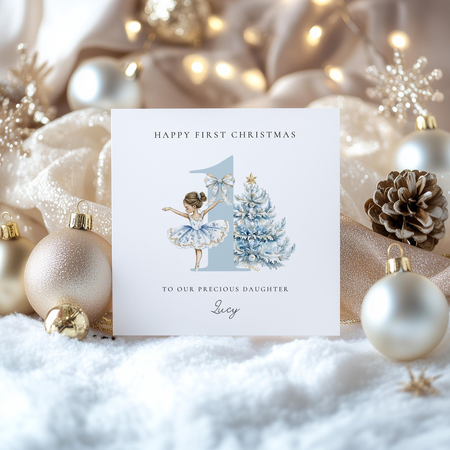 First Christmas Card for Daughter, Baby Girl 1st Christmas Card Brunette Ballerina Christmas Card Personalised Printed Card Age One Keepsake