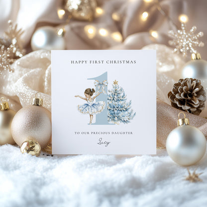 First Christmas Card for Daughter, Baby Girl 1st Christmas Card Brunette Ballerina Christmas Card Personalised Printed Card Age One Keepsake