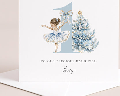 First Christmas Card for Daughter, Baby Girl 1st Christmas Card Brunette Ballerina Christmas Card Personalised Printed Card Age One Keepsake
