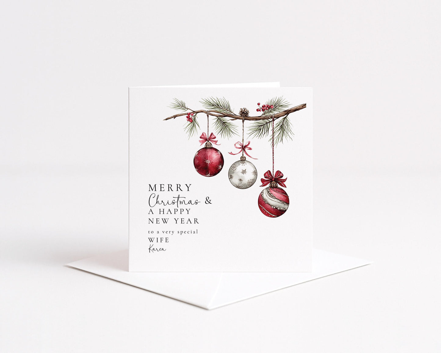 Christmas Wife Card, Personalised Merry Christmas Card for Wife, Custom Name Bauble Card, Festive Greeting Card for Her