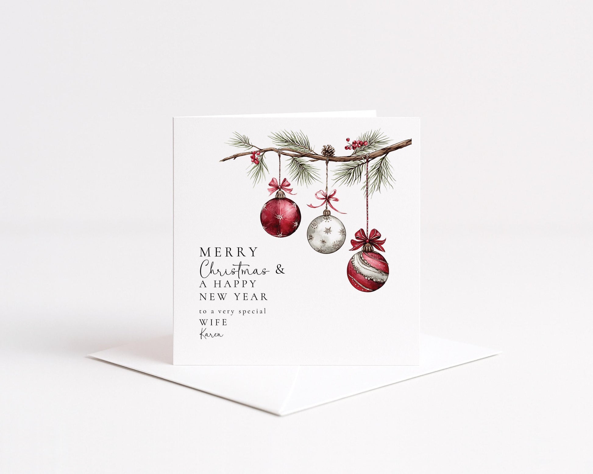 Christmas Wife Card, Personalised Merry Christmas Card for Wife, Custom Name Bauble Card, Festive Greeting Card for Her