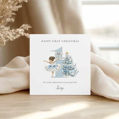 First Christmas Card for Daughter, Baby Girl 1st Christmas Card Brunette Ballerina Christmas Card Personalised Printed Card Age One Keepsake