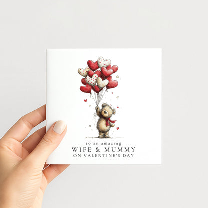 Valentines Wife Mummy Card, Cute Bear Valentine’s Day Card for Wife and Mum, Heart Balloon Personalised Valentine Card