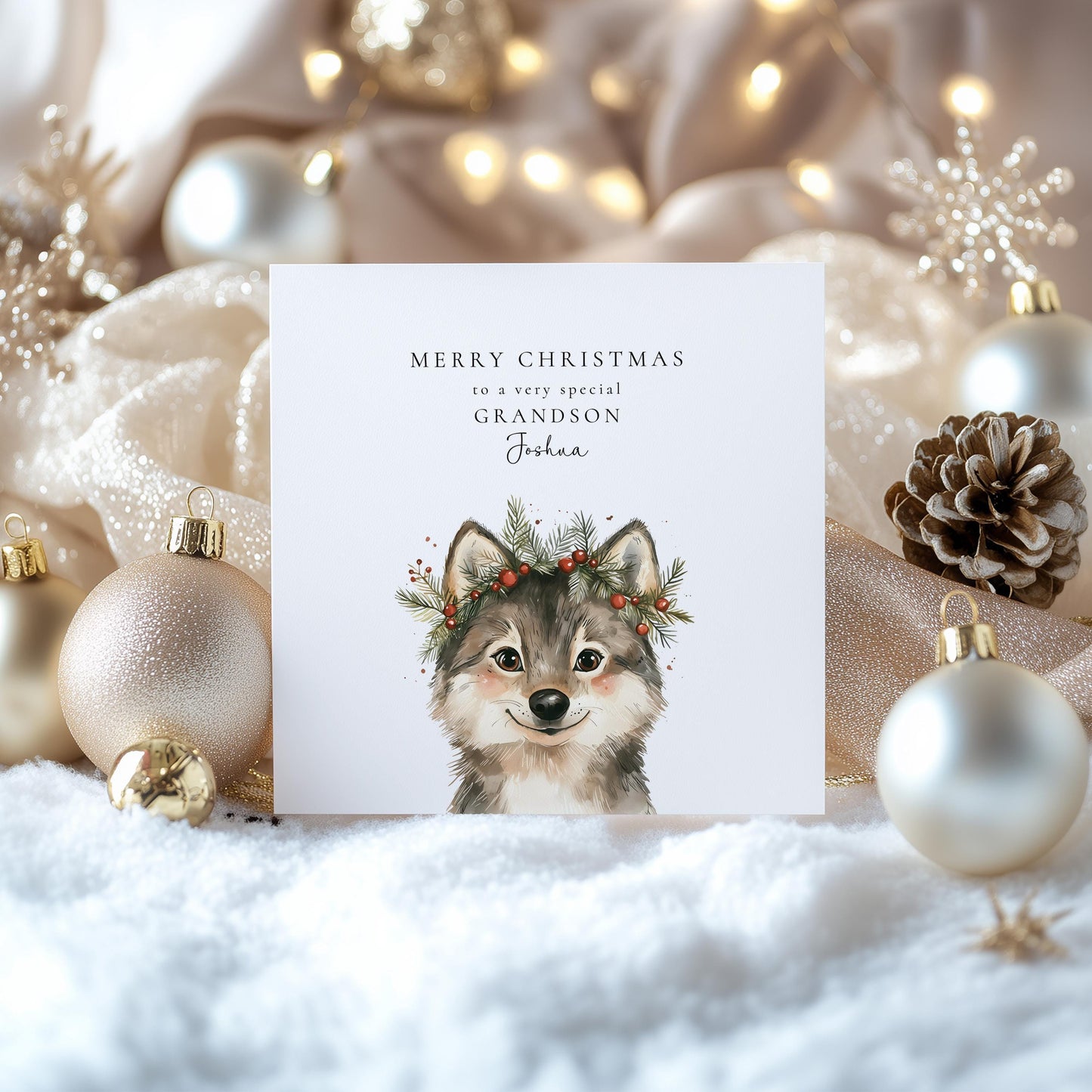 Grandson Christmas Card, Personalised Grandson Xmas Card, Cute Wolf Pup Card, Custom Name Christmas Card for Boys, Printed Card UK