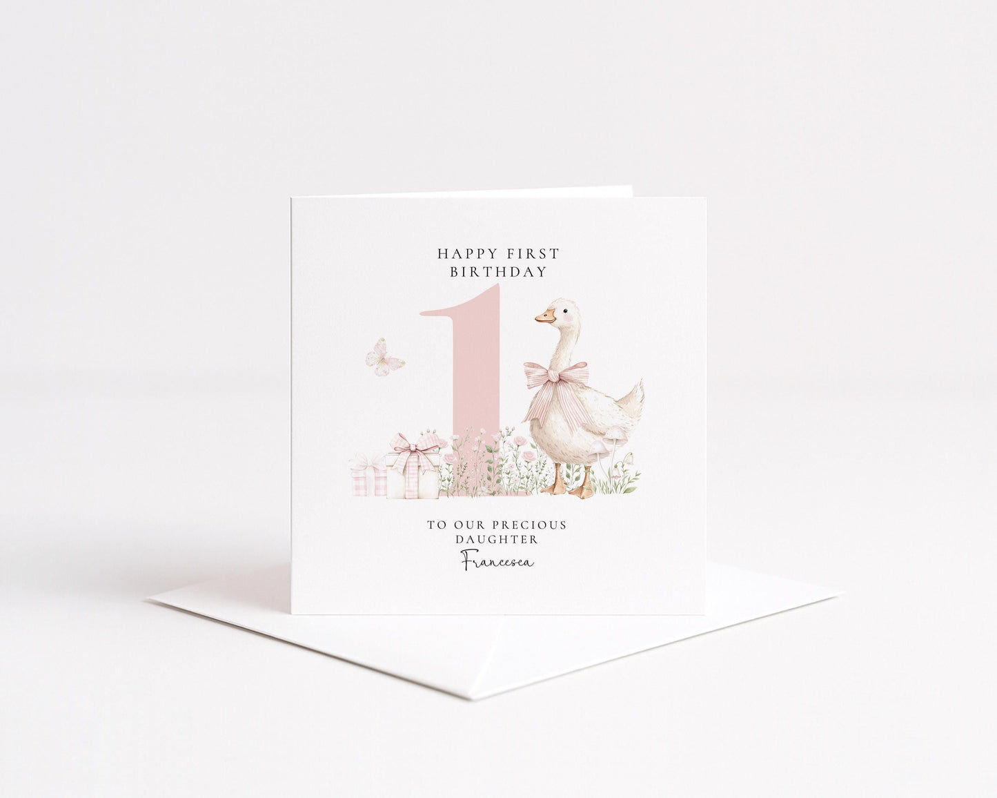 First Birthday Card Daughter, Personalised 1st Birthday Card with Goose Illustration, Square Card, Baby Girl Birthday Card