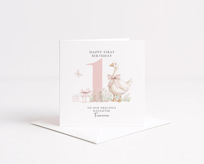 First Birthday Card Daughter, Personalised 1st Birthday Card with Goose Illustration, Square Card, Baby Girl Birthday Card