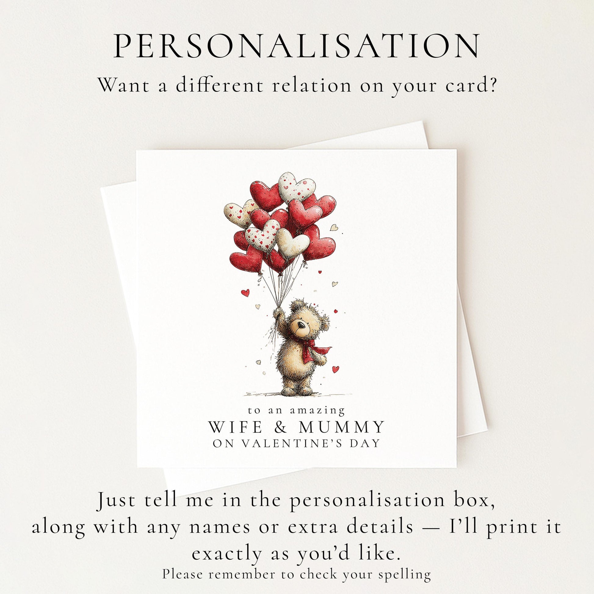 Valentines Wife Mummy Card, Cute Bear Valentine’s Day Card for Wife and Mum, Heart Balloon Personalised Valentine Card