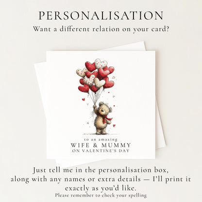 Valentines Wife Mummy Card, Cute Bear Valentine’s Day Card for Wife and Mum, Heart Balloon Personalised Valentine Card