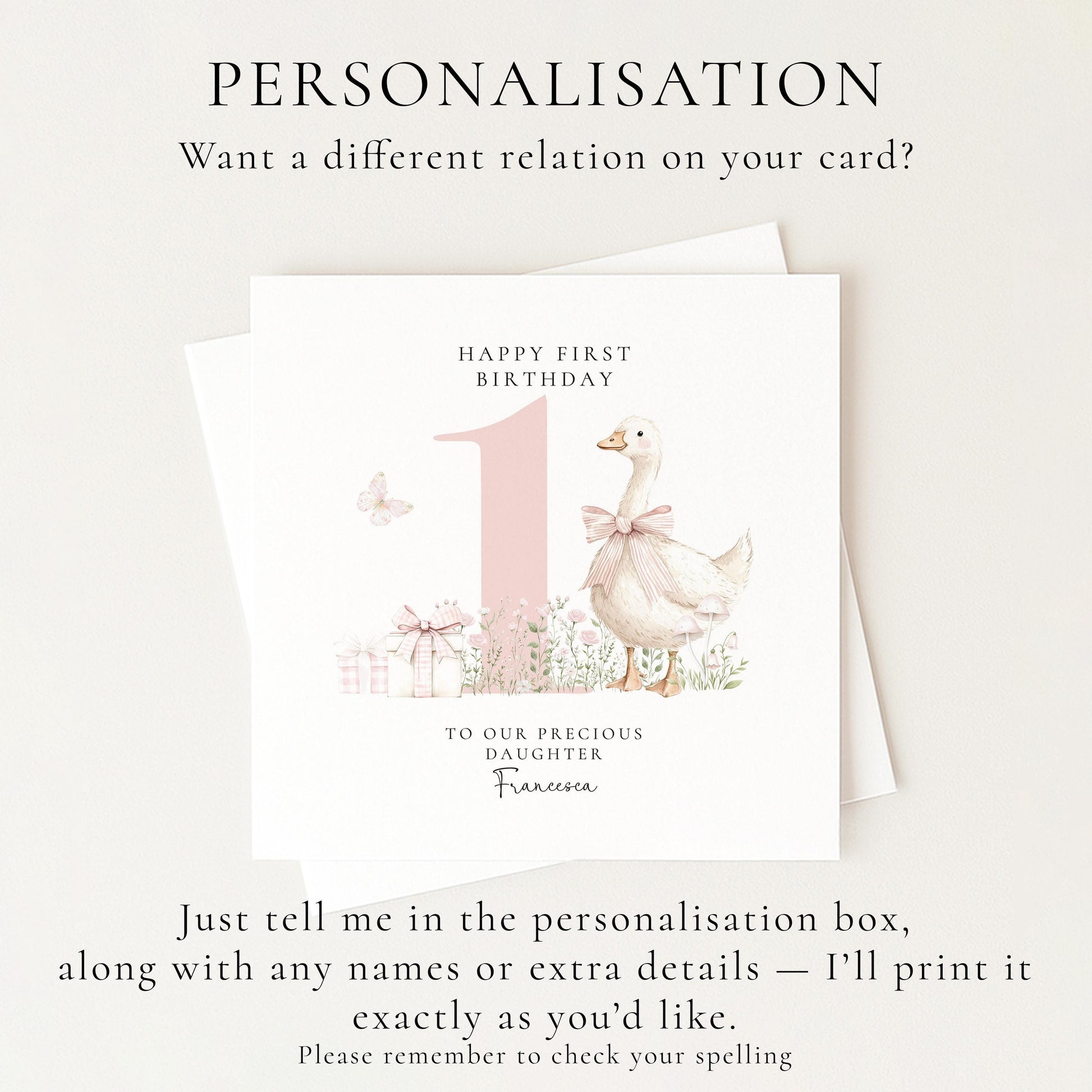 First Birthday Card Daughter, Personalised 1st Birthday Card with Goose Illustration, Square Card, Baby Girl Birthday Card