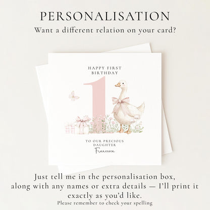 First Birthday Card Daughter, Personalised 1st Birthday Card with Goose Illustration, Square Card, Baby Girl Birthday Card