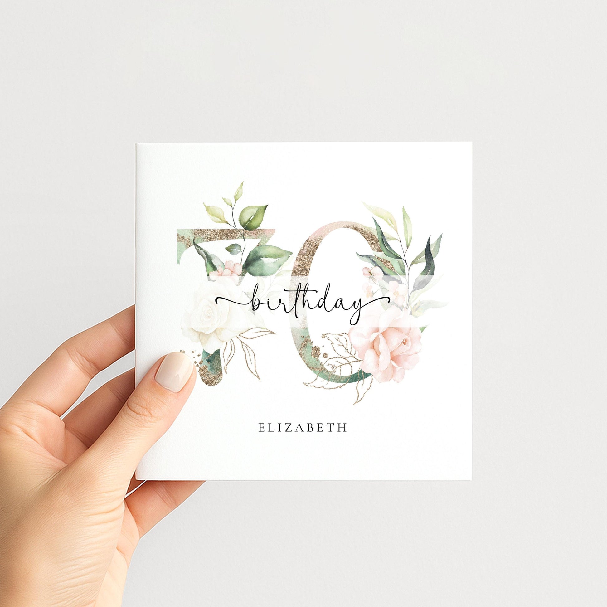 Personalised 70th Birthday Card, Floral Milestone Birthday Card, Custom Age & Name, Elegant Floral Number Card, Feminine Birthday Card