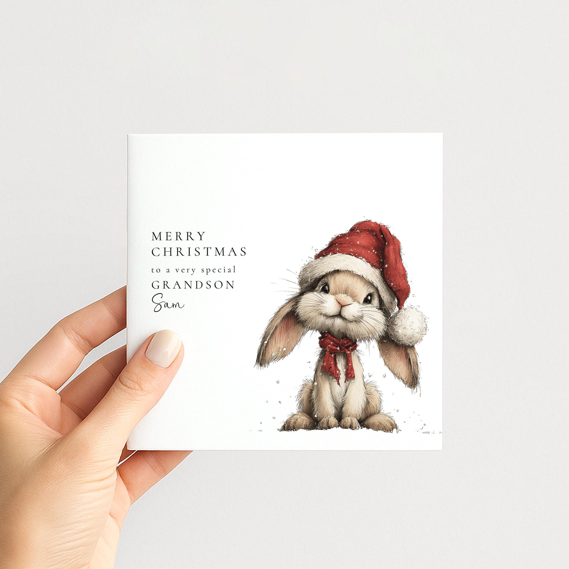 Grandson Christmas Card, Personalised Bunny Christmas Card, Cute Grandson Xmas Card, Name Printed Card for Grandson, Festive Kids Card