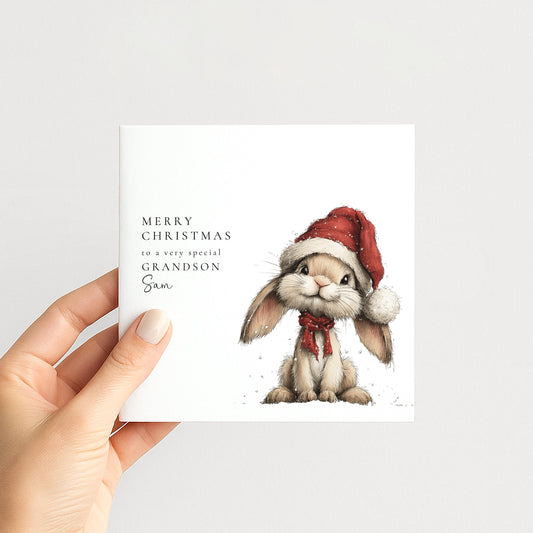 Grandson Christmas Card, Personalised Bunny Christmas Card, Cute Grandson Xmas Card, Name Printed Card for Grandson, Festive Kids Card
