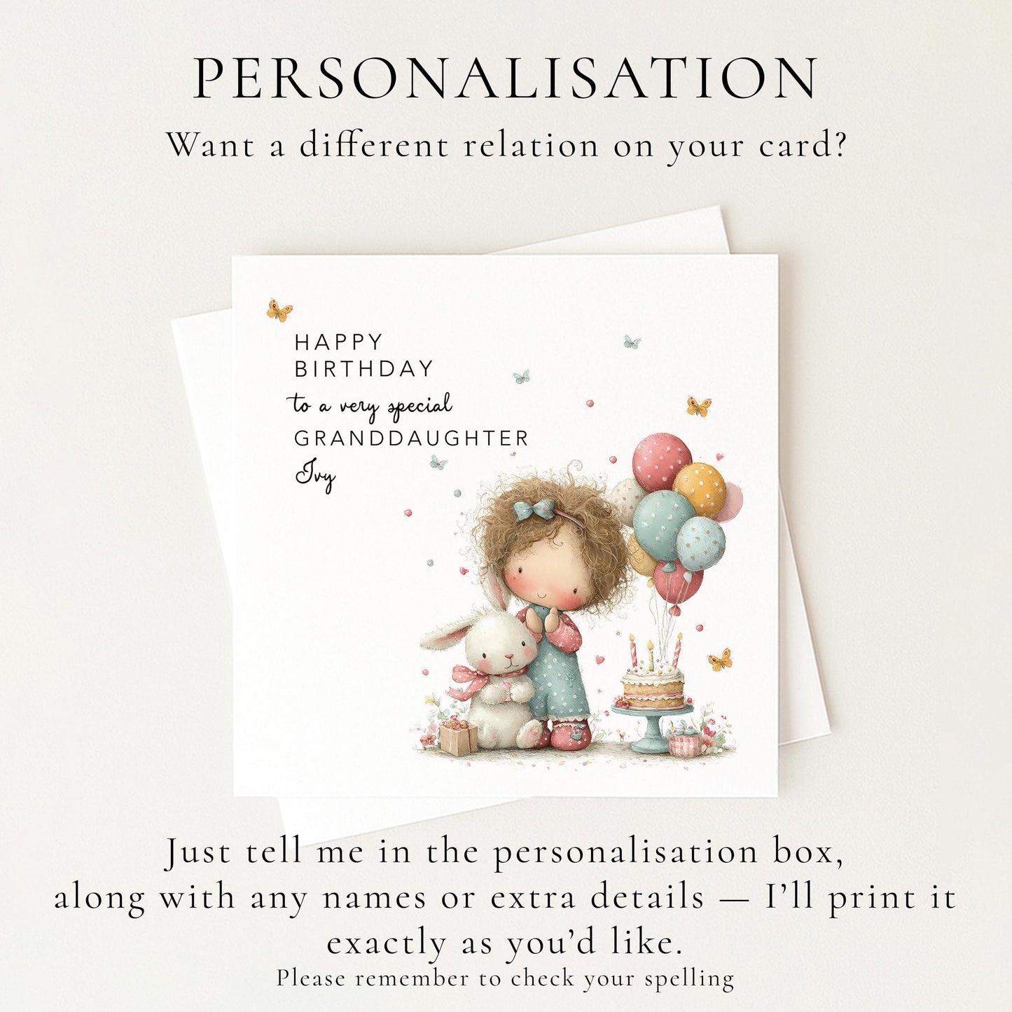 Granddaughter Birthday Card, Personalised Birthday Card for Granddaughter, Cute Girl & Bunny Design, Custom Name Birthday Greeting