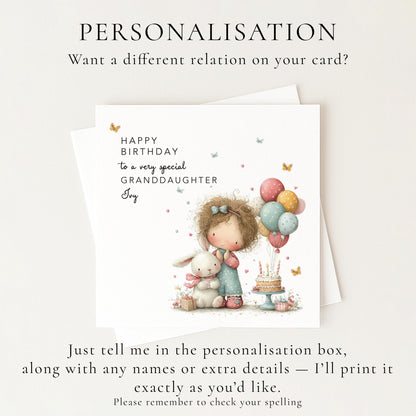 Granddaughter Birthday Card, Personalised Birthday Card for Granddaughter, Cute Girl & Bunny Design, Custom Name Birthday Greeting