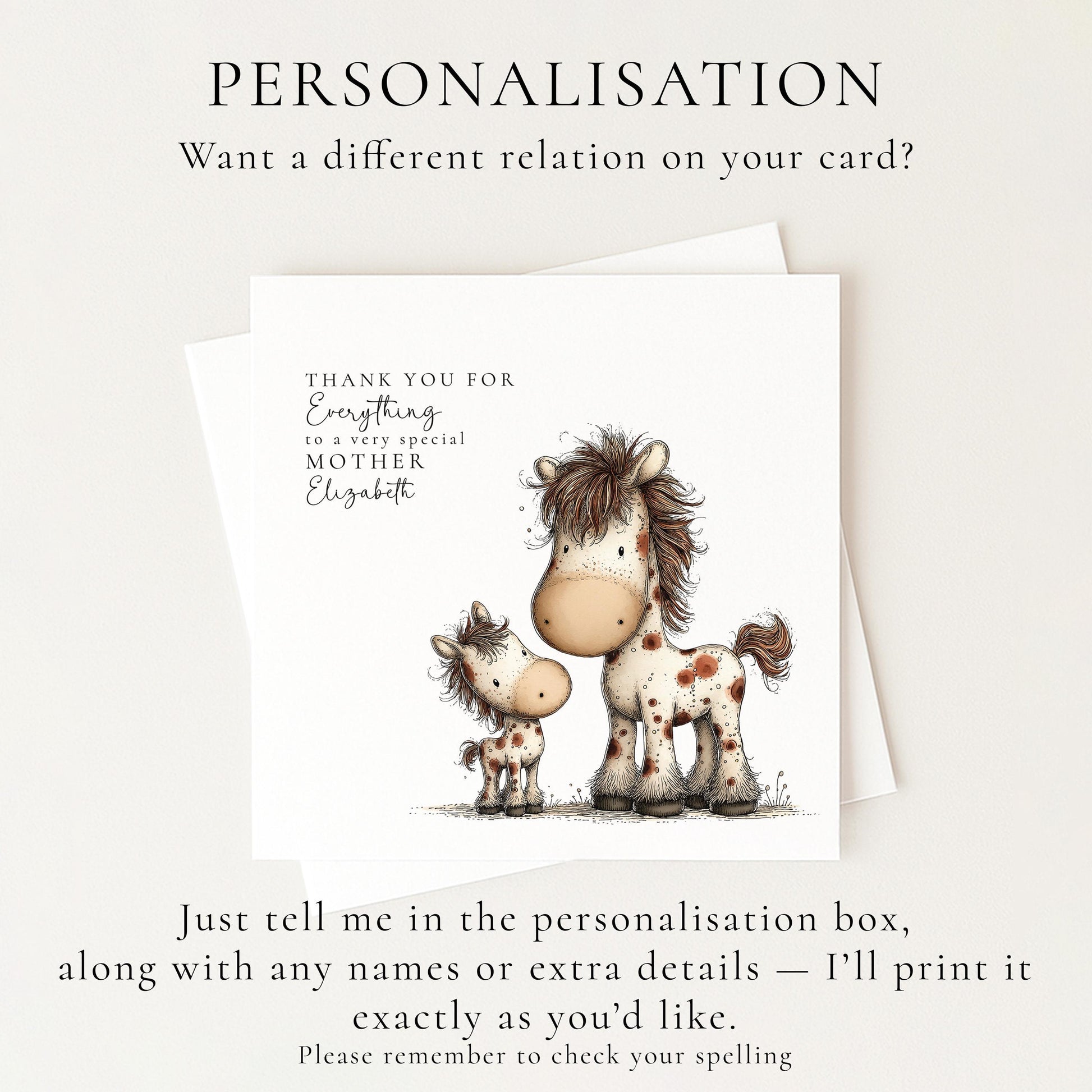 Mother’s Day Card – Personalised Thank You Mum Card With Horse Lover Gift