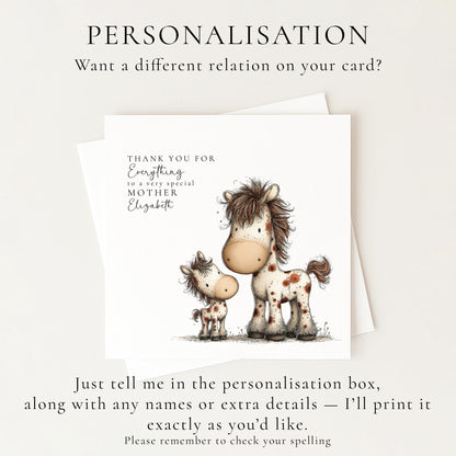 Mother’s Day Card – Personalised Thank You Mum Card With Horse Lover Gift