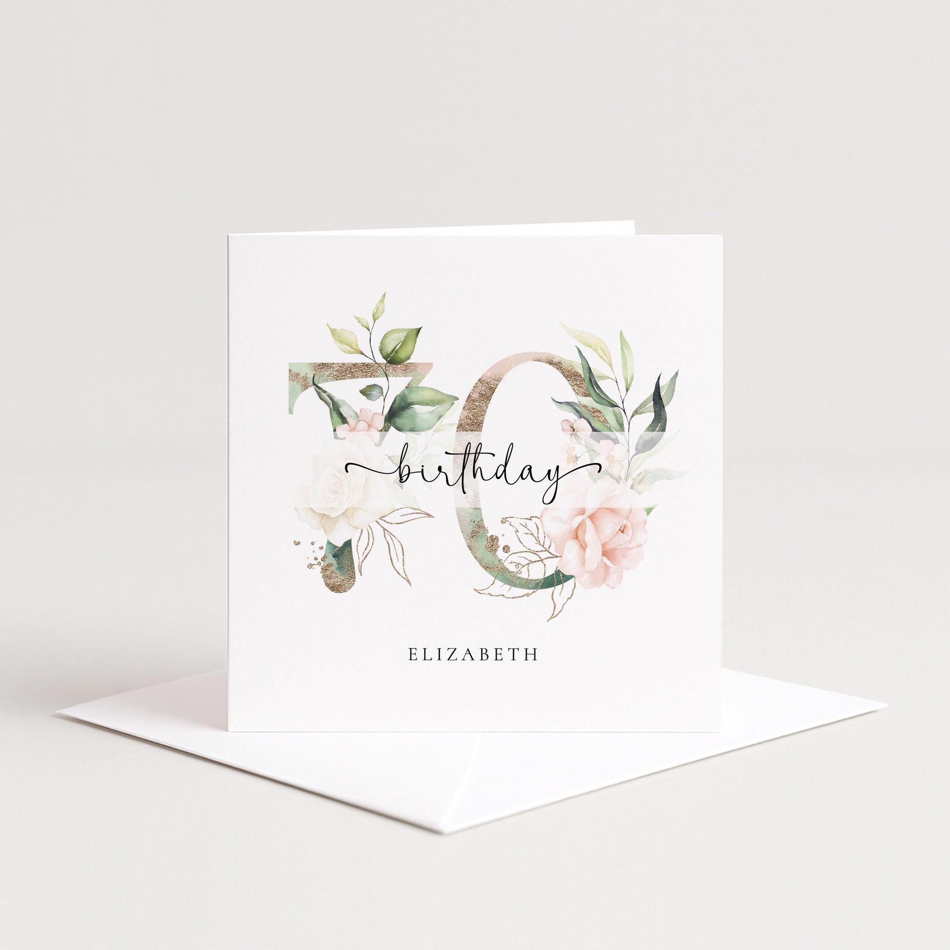 Personalised 70th Birthday Card, Floral Milestone Birthday Card, Custom Age & Name, Elegant Floral Number Card, Feminine Birthday Card