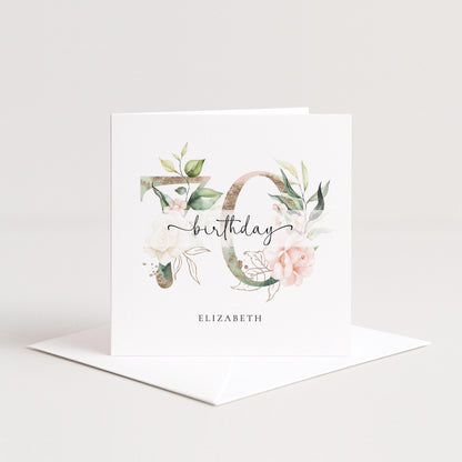 Personalised 70th Birthday Card, Floral Milestone Birthday Card, Custom Age & Name, Elegant Floral Number Card, Feminine Birthday Card