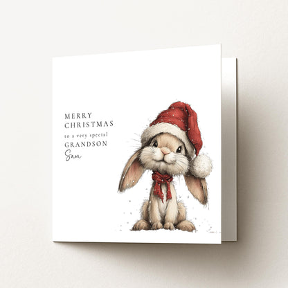 Grandson Christmas Card, Personalised Bunny Christmas Card, Cute Grandson Xmas Card, Name Printed Card for Grandson, Festive Kids Card