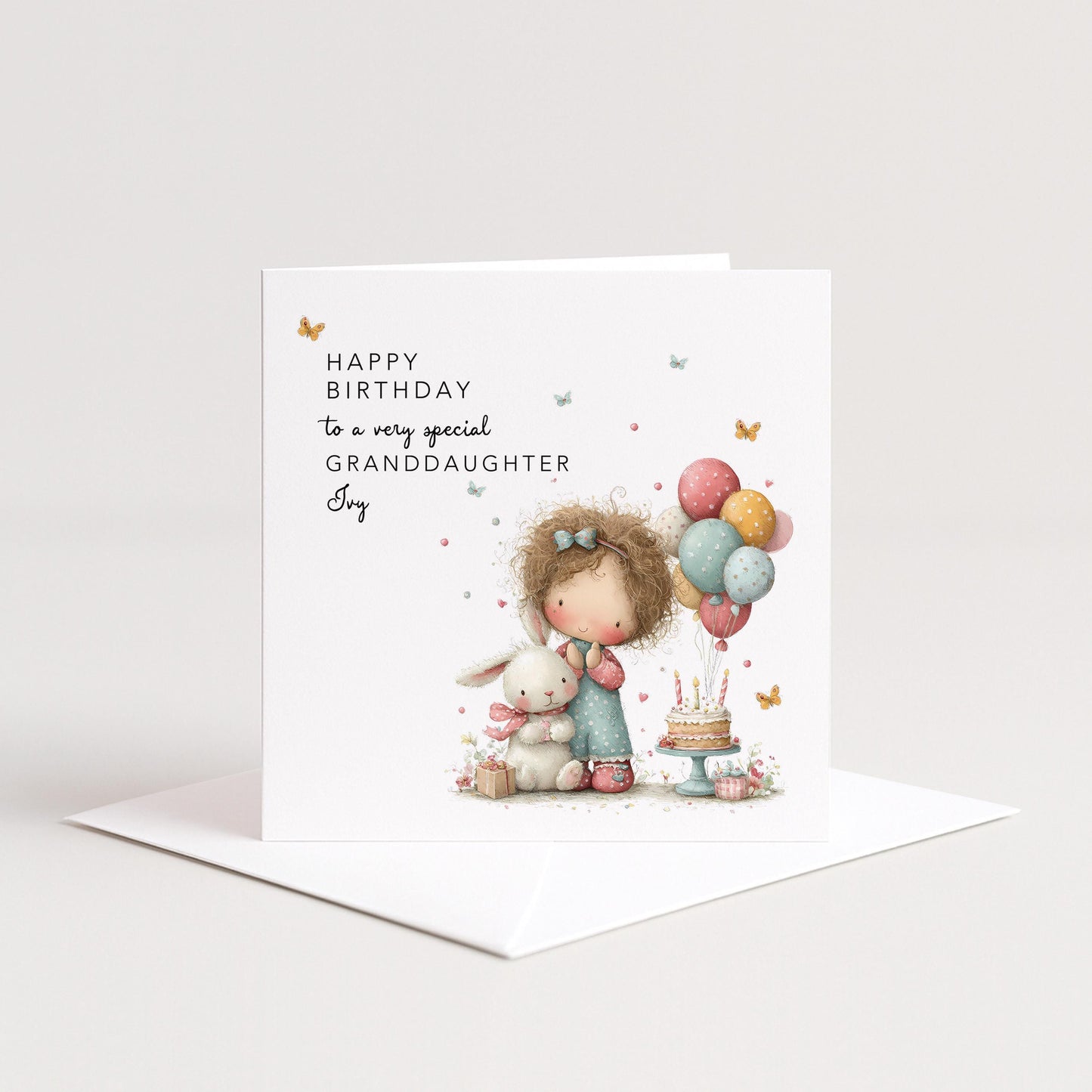 Granddaughter Birthday Card, Personalised Birthday Card for Granddaughter, Cute Girl & Bunny Design, Custom Name Birthday Greeting