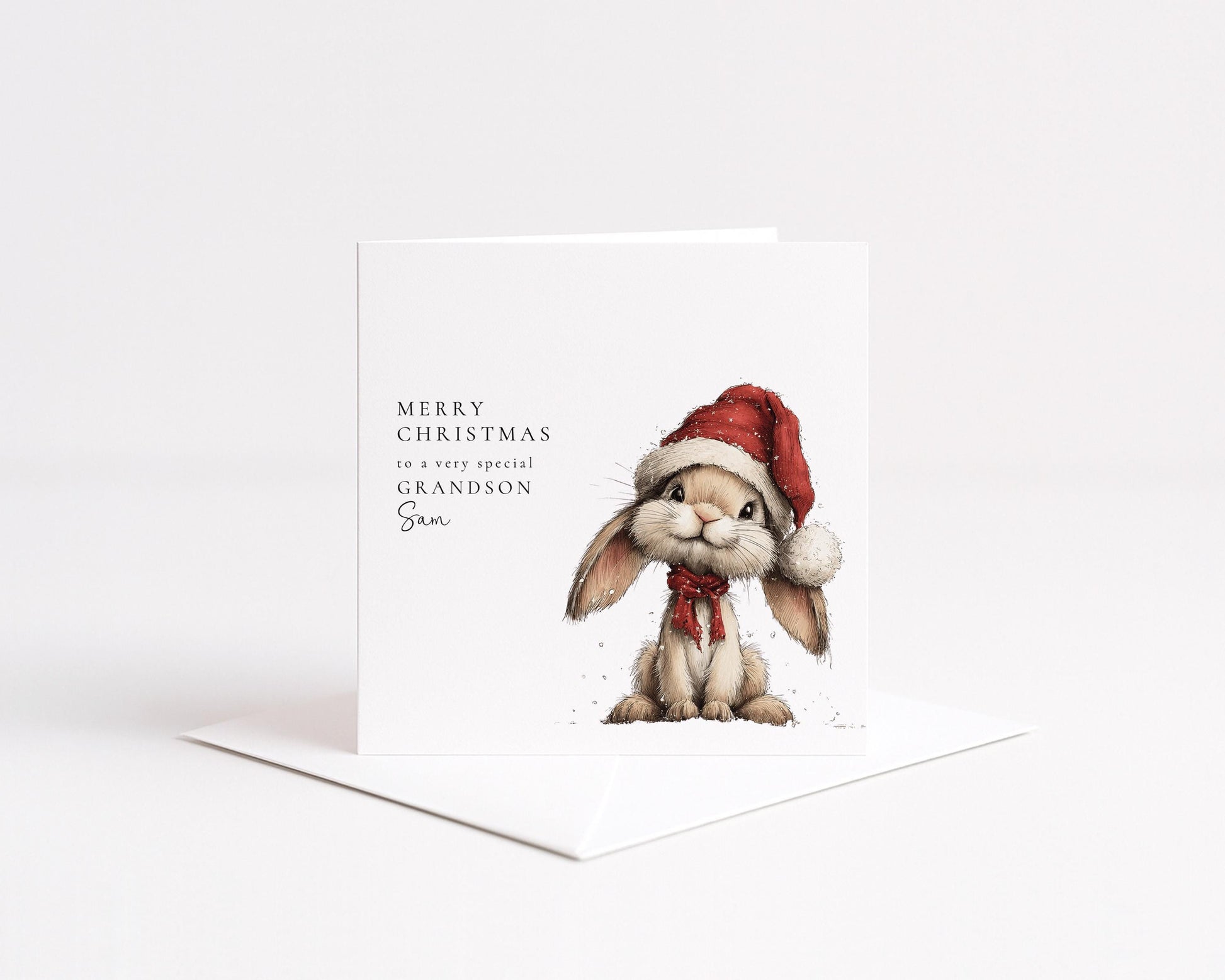 Grandson Christmas Card, Personalised Bunny Christmas Card, Cute Grandson Xmas Card, Name Printed Card for Grandson, Festive Kids Card