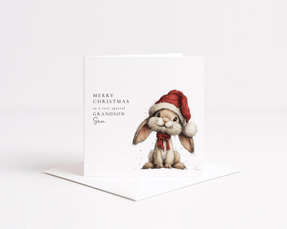Grandson Christmas Card, Personalised Bunny Christmas Card, Cute Grandson Xmas Card, Name Printed Card for Grandson, Festive Kids Card
