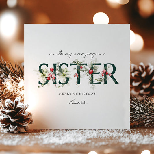 Sister Christmas Card, Floral Christmas Card for Sister, Elegant Xmas Card with Name, Personalised Holiday Greeting Card