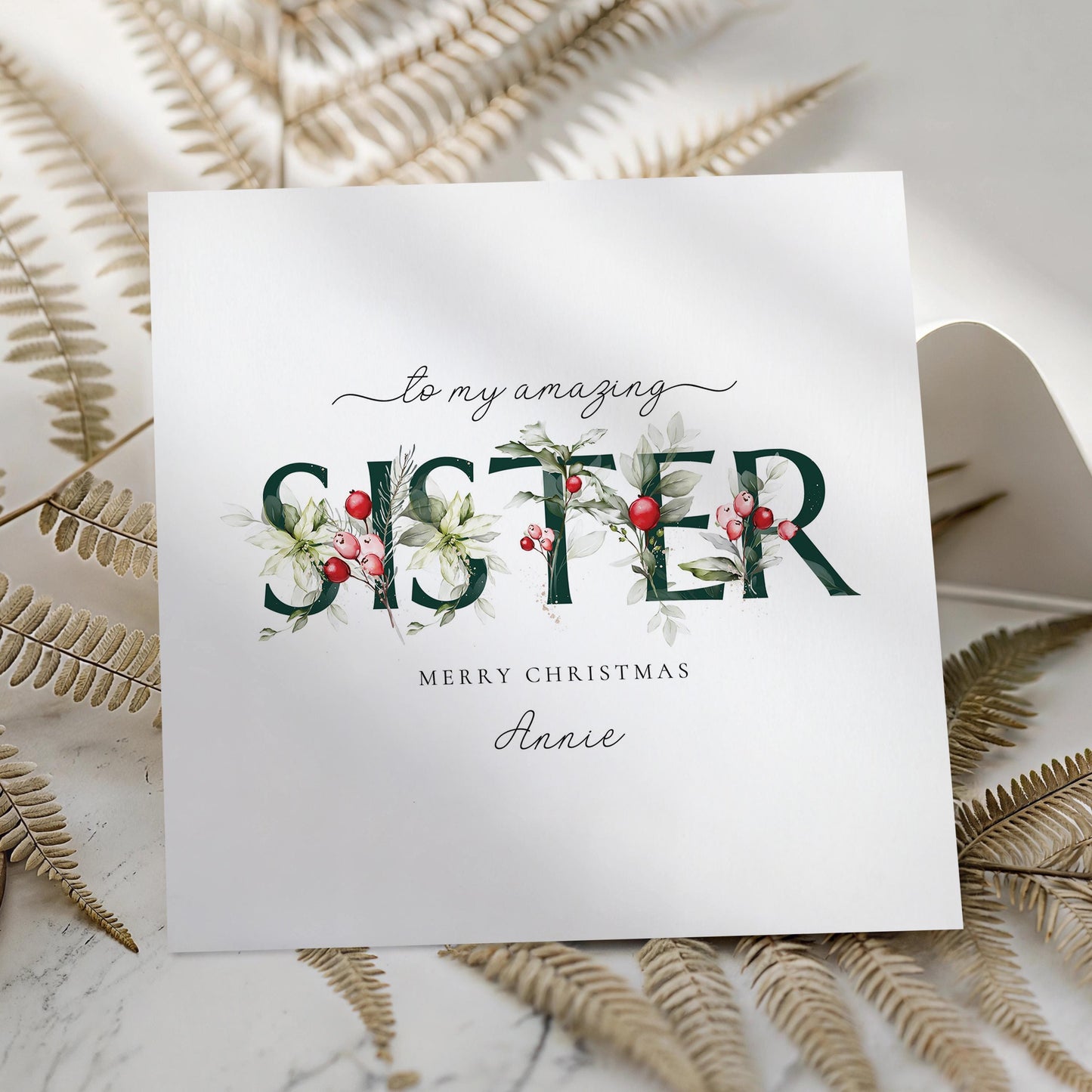 Sister Christmas Card, Floral Christmas Card for Sister, Elegant Xmas Card with Name, Personalised Holiday Greeting Card
