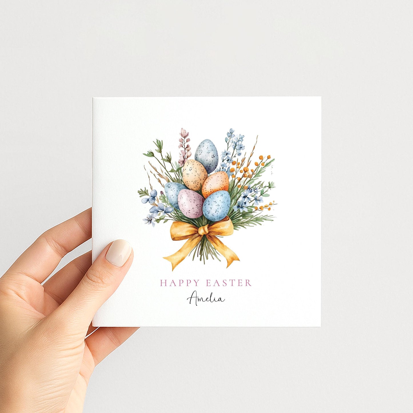 Easter Card, Personalised Easter Egg Bouquet Card, Floral Spring Easter Card, Custom Name Printed Card, Happy Easter Greeting Card