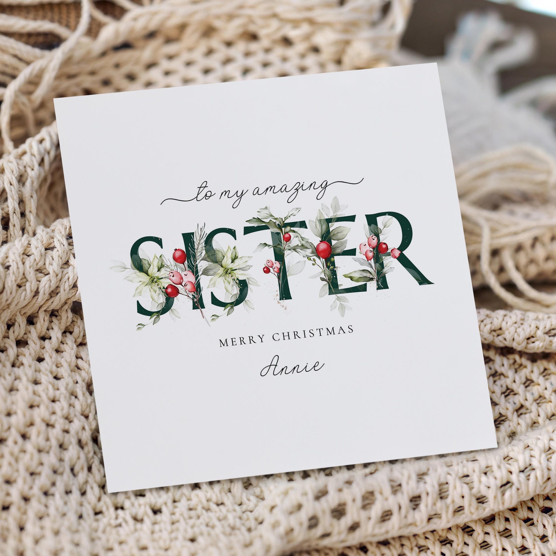 Sister Christmas Card, Floral Christmas Card for Sister, Elegant Xmas Card with Name, Personalised Holiday Greeting Card