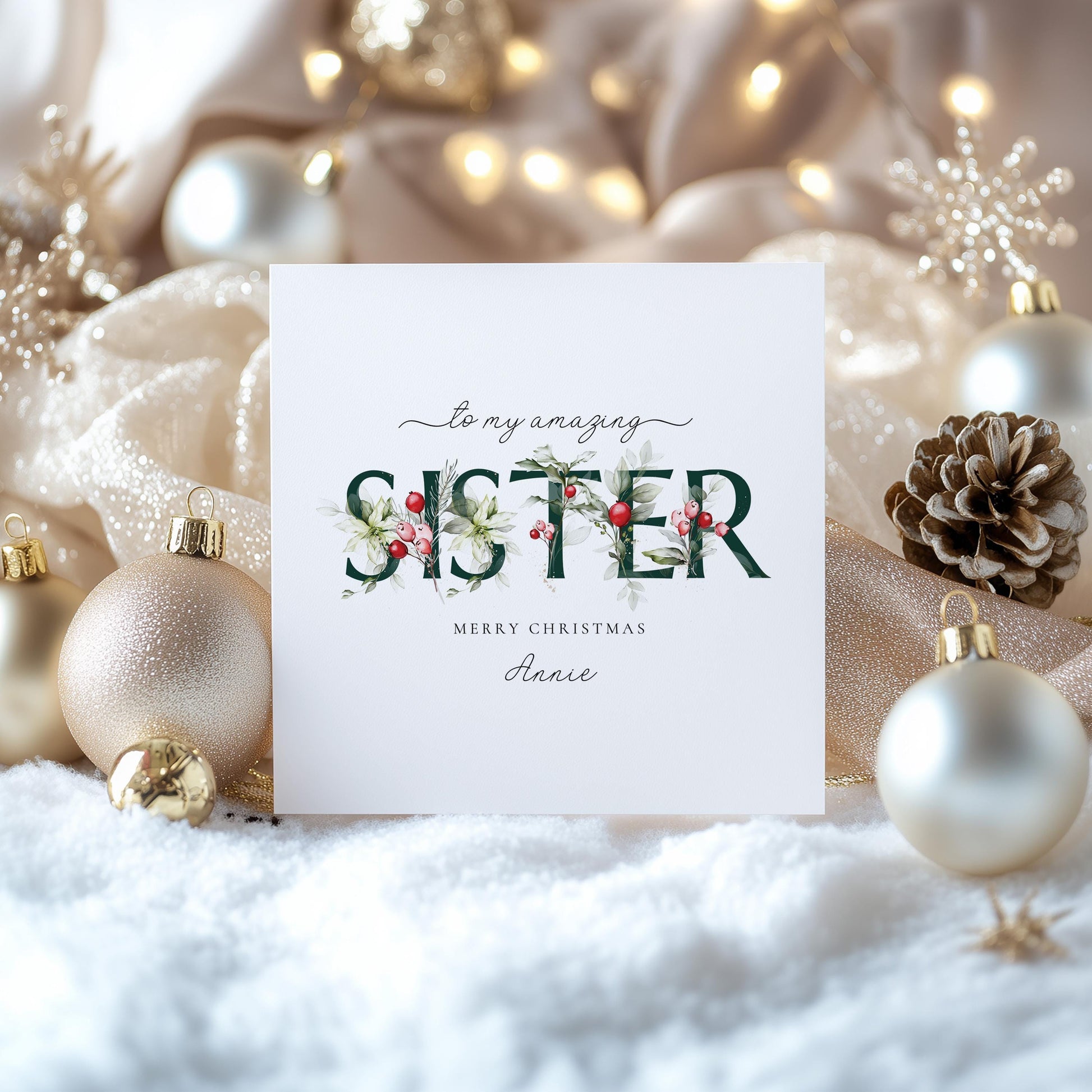 Sister Christmas Card, Floral Christmas Card for Sister, Elegant Xmas Card with Name, Personalised Holiday Greeting Card