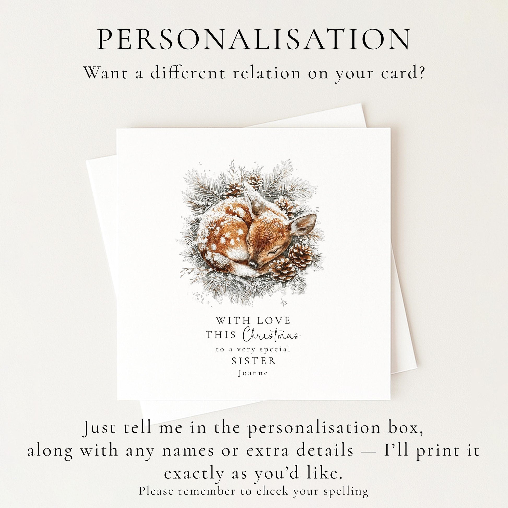 Sister Christmas Card, Personalised Deer Xmas Card, Cute Winter Sister Card