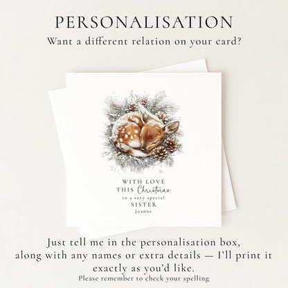 Sister Christmas Card, Personalised Deer Xmas Card, Cute Winter Sister Card