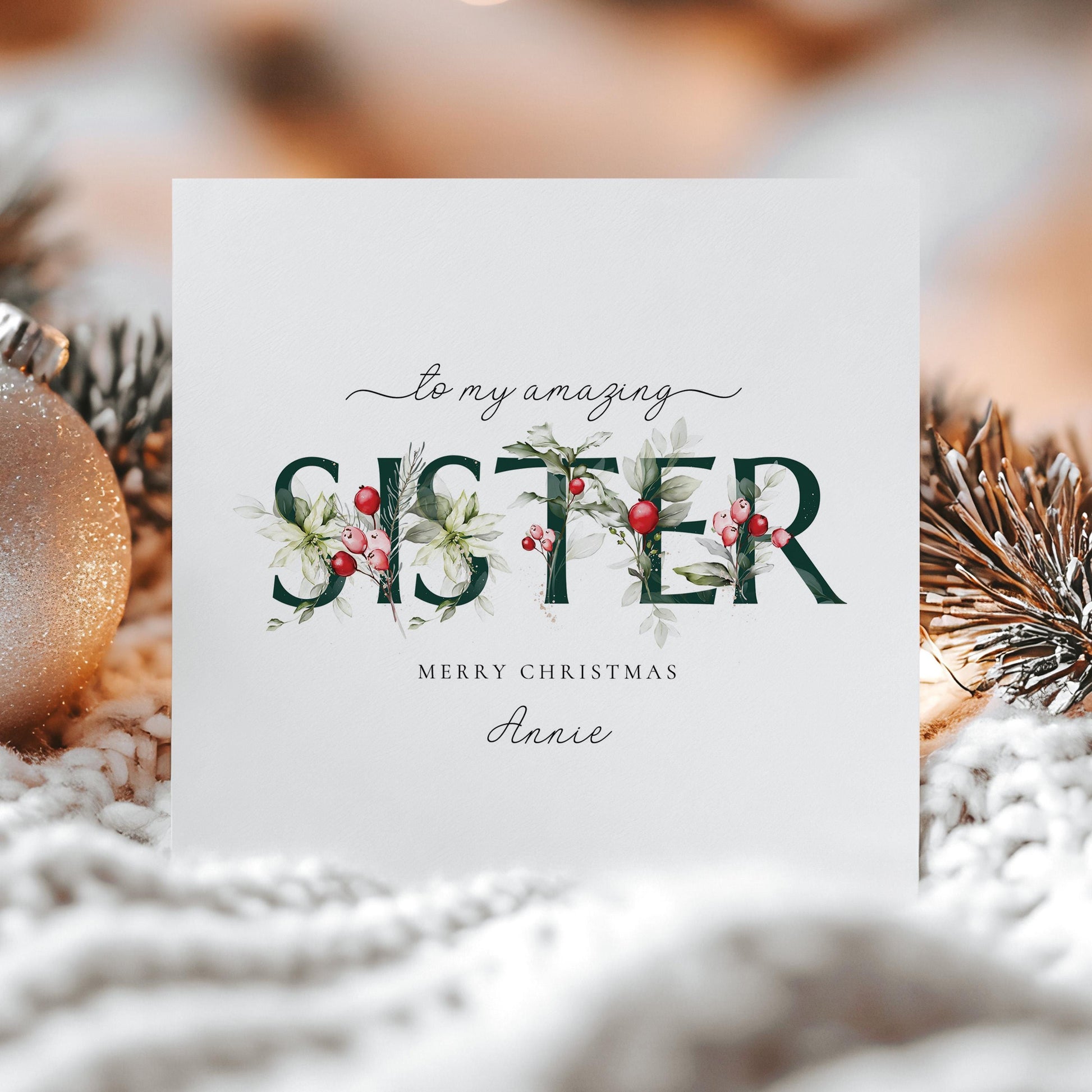 Sister Christmas Card, Floral Christmas Card for Sister, Elegant Xmas Card with Name, Personalised Holiday Greeting Card