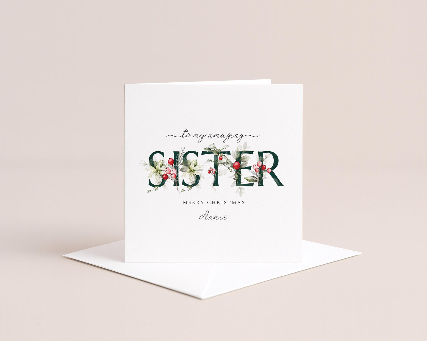 Sister Christmas Card, Floral Christmas Card for Sister, Elegant Xmas Card with Name, Personalised Holiday Greeting Card