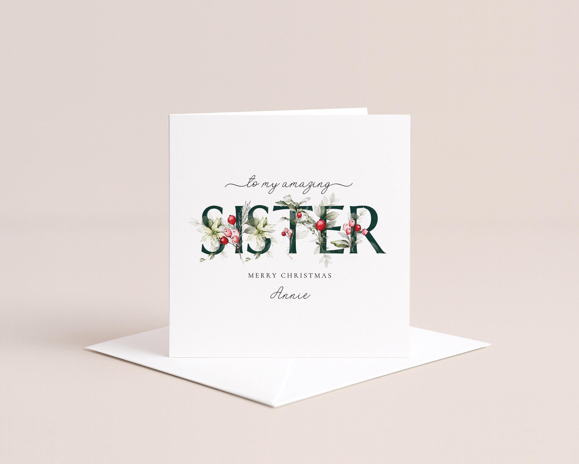 Sister Christmas Card, Floral Christmas Card for Sister, Elegant Xmas Card with Name, Personalised Holiday Greeting Card